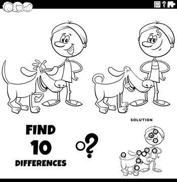Differences puzzle game with cute cartoon boy and his dog coloring page Stock Illustration