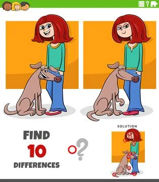 Differences puzzle game with cute cartoon girl and her dog Stock Illustration