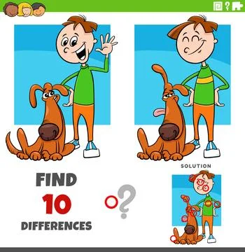 Differences puzzle game with cute cartoon boy and his dog Stock Illustration