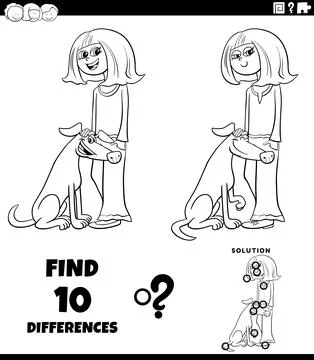 Differences puzzle game with cute cartoon girl and her dog coloring page Stock Illustration
