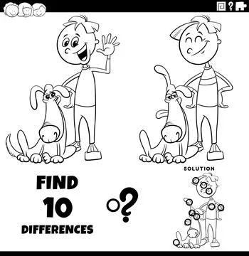 Differences puzzle game with cute cartoon boy and his dog coloring page Stock Illustration