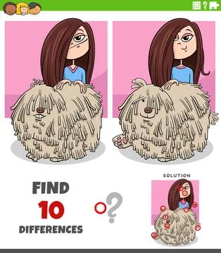 Differences puzzle game with cute cartoon girl and her dog Stock Illustration
