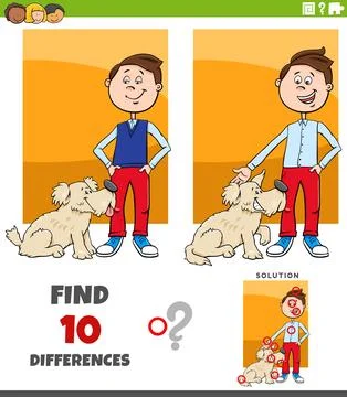 Differences puzzle game with cute cartoon boy and his dog Stock Illustration