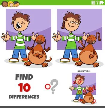 Differences puzzle game with cute cartoon boy and his dog Stock Illustration