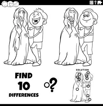 Differences puzzle game with cute cartoon teen boy and his dog coloring page Stock Illustration