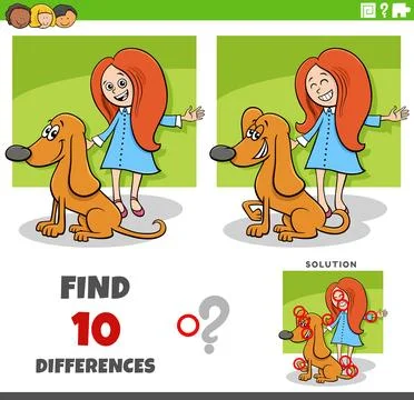 Differences puzzle game with cute cartoon girl and her dog Stock Illustration
