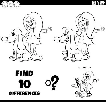Differences puzzle game with cute cartoon girl and her dog coloring page Stock Illustration