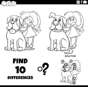 Differences puzzle game with cute cartoon little girl and her dog coloring pa Stock Illustration