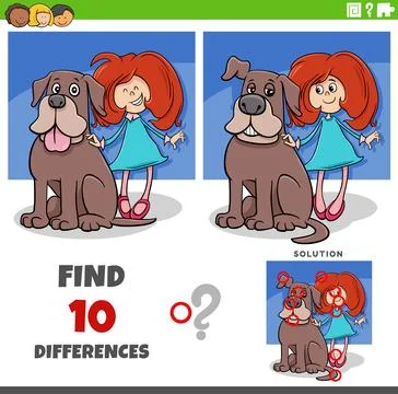 Differences puzzle game with cute cartoon little girl and her dog Stock Illustration