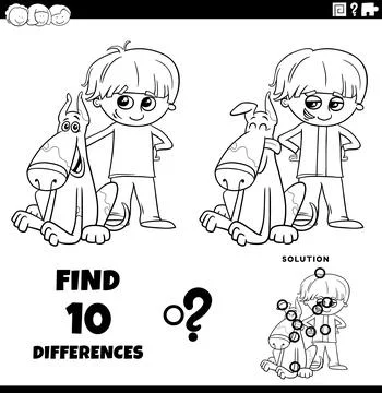 Differences puzzle game with cute cartoon boy and his dog coloring page Stock Illustration