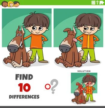 Differences puzzle game with cute cartoon boy and his dog Stock Illustration