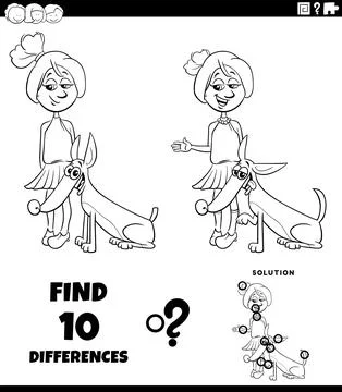 Differences puzzle game with cute cartoon teen girl and her dog coloring page Stock Illustration