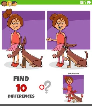 Differences puzzle game with cute cartoon teen girl and her dog Stock Illustration