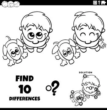 Differences puzzle game with cute cartoon little boy and his puppy coloring.. Stock Illustration