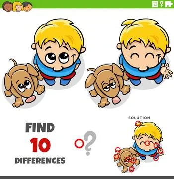 Differences puzzle game with cute cartoon little boy and his puppy Stock Illustration
