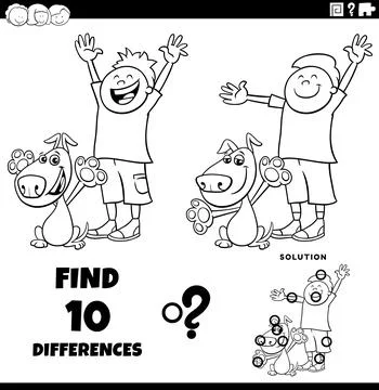 Differences puzzle game with cute happy cartoon boy and his dog coloring page Stock Illustration