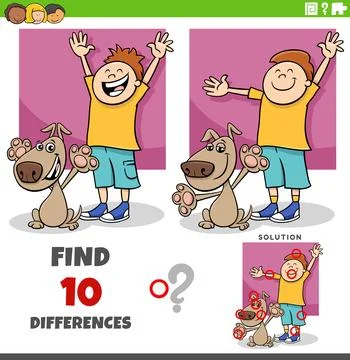 Differences puzzle game with cute happy cartoon boy and his dog Stock Illustration