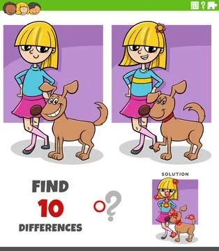 Differences puzzle game with funny cartoon girl and her dog Stock Illustration