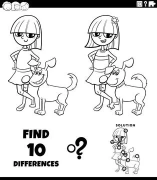 Differences puzzle game with funny cartoon girl and her dog coloring page Stock Illustration