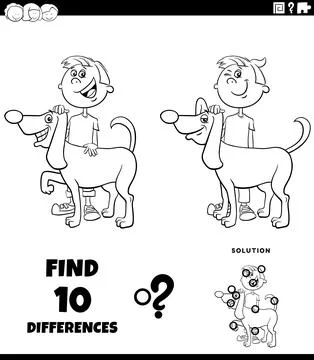Differences puzzle game with happy cartoon boy and his dog coloring page Stock Illustration