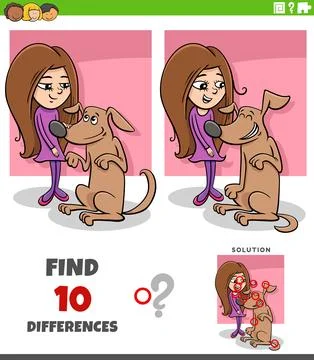 Differences puzzle game with happy cartoon girl and her dog Stock Illustration