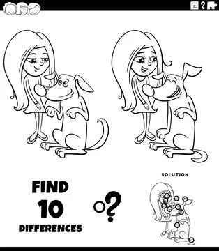 Differences puzzle game with happy cartoon girl and her dog coloring page Stock Illustration