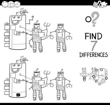 Differences with robot characters color book Black and White Cartoon Illus... Stock Photos