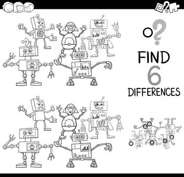 Differences with robots coloring page Black and White Cartoon Illustration... Stock Photos