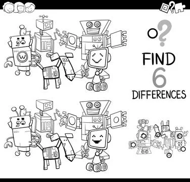 Differences with robots coloring page Black and White Cartoon Illustration... Stock Photos