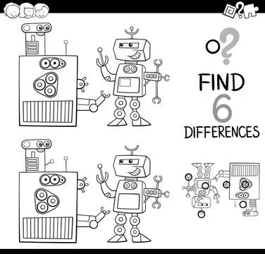 Differences with robots coloring page Black and White Cartoon Illustration... Stock Photos