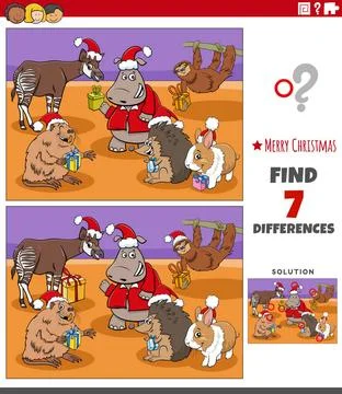Differences task with animal characters on Christmas time Cartoon illustra... Stock Photos