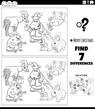Differences task with animals on Christmas time coloring page Illustrazione stock