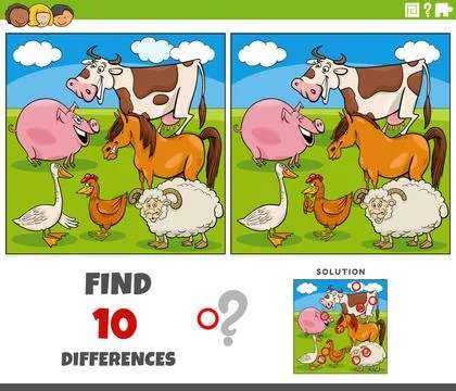 Differences task with cartoon farm animal characters Cartoon illustration ... Stock Photos