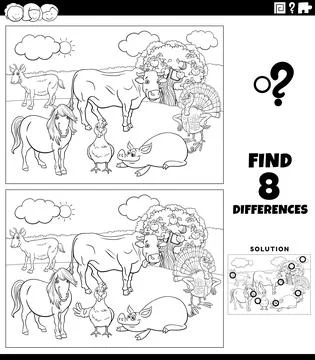 Differences task with cartoon farm animals color book page Stock Illustration