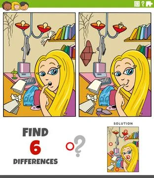 Differences task with cartoon girl and mess in her room Cartoon illustrati... Stock Photos