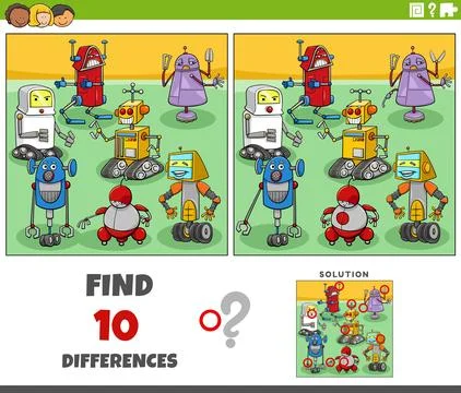 Differences task with cartoon robots characters Stock Illustration