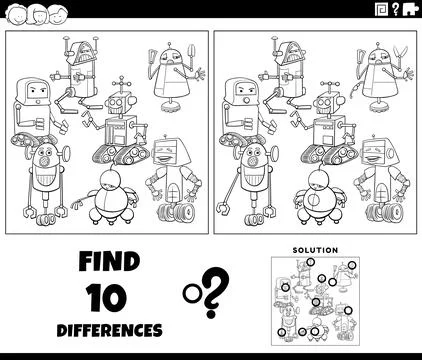 Differences task with cartoon robots coloring page Stock Illustration