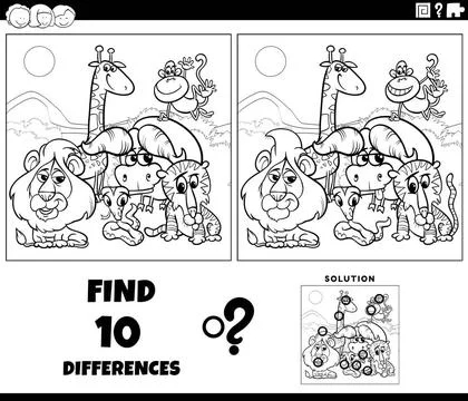 Differences task with cartoon Safari animals coloring page Black and white... Stock Photos