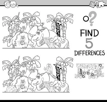 Differences task for coloring Black and White Cartoon Illustration of Find... Stock Photos