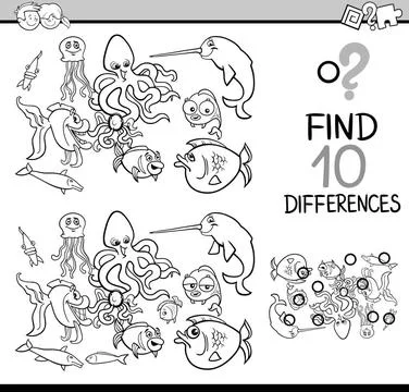 Differences task coloring page Black and White Cartoon Illustration of Fin... Stock Photos