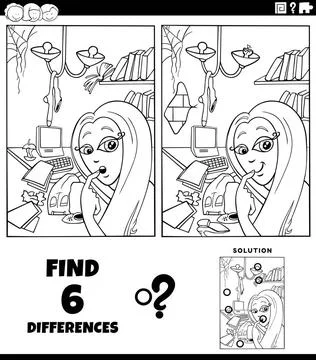 Differences task with girl and mess in her room coloring book page Black a... Stock Photos