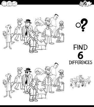 Differences task with people group color book Black and White Cartoon Illu... Stock Photos