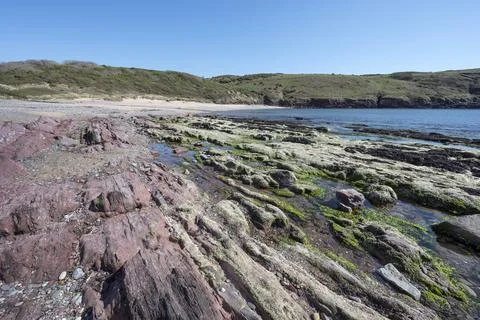 Differenent coloured rocks on Manorbier Beach Pembrokeshire 스톡 사진