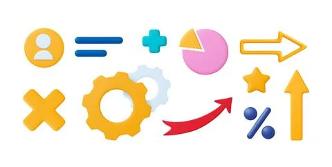 Different 3d office business elements. Arrows, personal account avatar, yellow Illustrazione stock