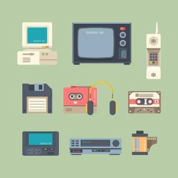 Different 90s gadgets flat vector illustrations set Stock-Illustration