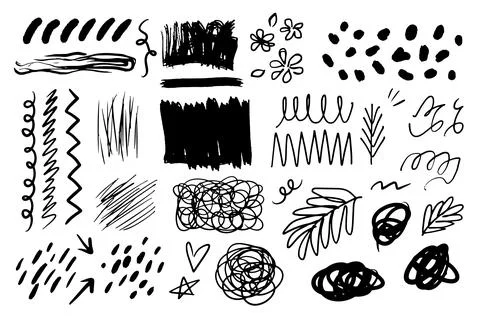 Different abstract brush lines doodle elements set Illustrazione stock