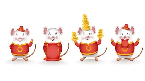 Different Activity of Cartoon Rat holding Chinese Gold with Blank Scroll Pa.. Stock Illustration