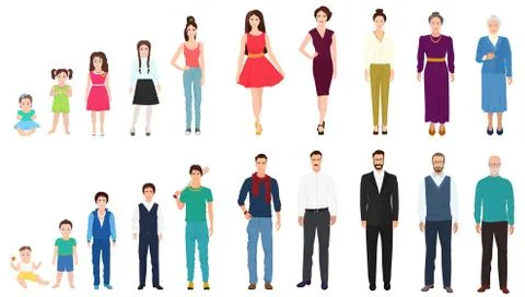 Different age generations of the male and female person. People age from kid to Stock Illustration