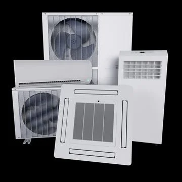 Different air conditioners on black background 3d Stock Illustration