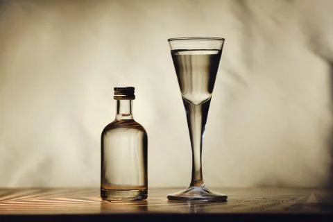 Different alcohol bottles are on the table on a light background Stock Photos